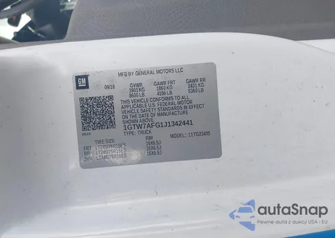 2018 GMC Savana 2500 Work Van z USA, uszkodzony, nr VIN 1GTW7AFG1J1342441